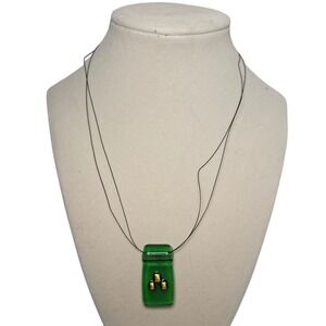 Green Glass Pendant Necklace Black Cord Minimalist Modern Style